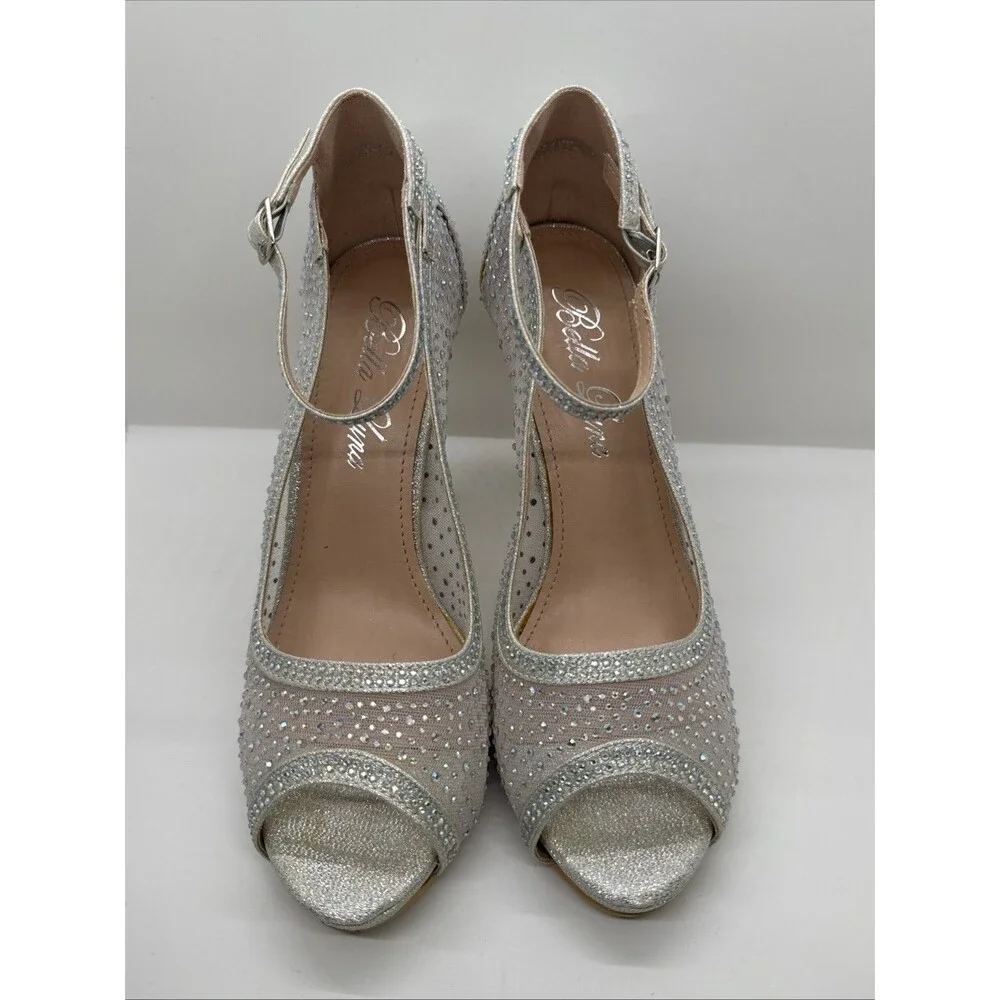 Bella Luna Silver Mesh Jeweled Heel Stiletto narrow Open Toe Shoes Size 7.5